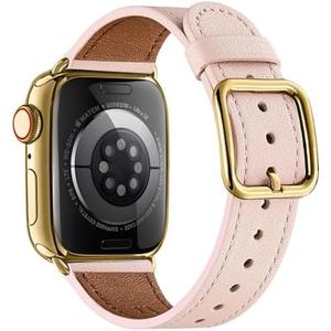 MNBVCXZ Leather Bands Compatible with Apple Watch Band Women, Womens Genuine Replacement Strap for iWatch Series 11 10 9 8 7 6 5 4 3 2 1 SE 3 SE 2 SE (42mm 41mm 40mm 38mm, Pink Sand/Gold)