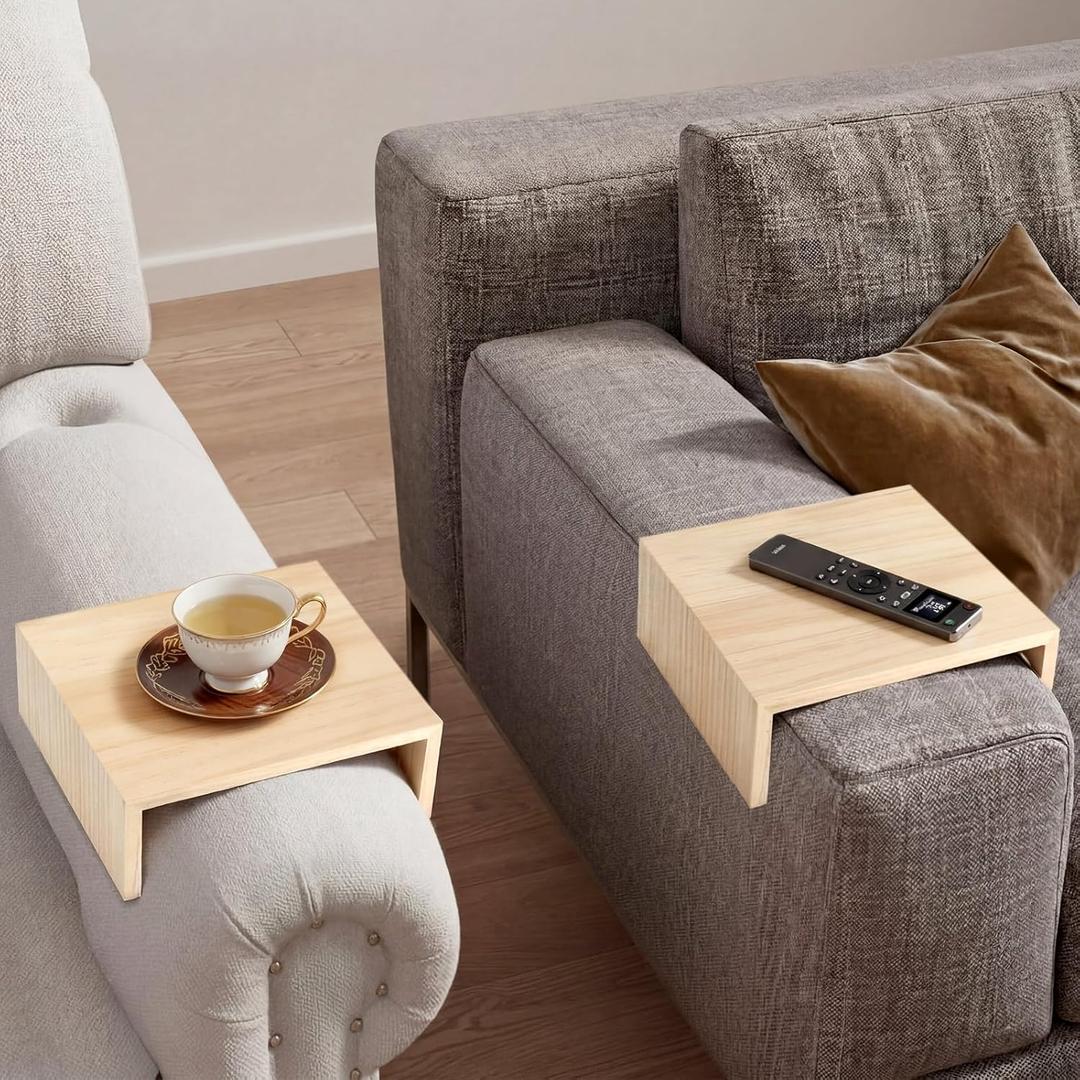 Cinnvoice 2 Pack Couch Arm Tray, Wood Sofa Armrest Trays 9.8"x7.5" Pine Sofa Arm Clip on Tray Table for Drinks, Snacks, Phone, Remote Control