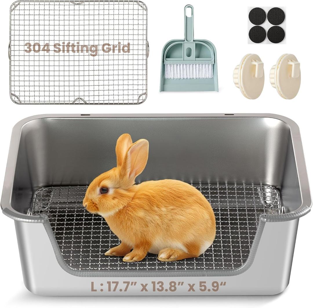 Rabbit Litter Box, Extra Large Bunny Litter Box with 304 Stainless Steel Sifting Tray & Hooks, Rabbit Litter Box, Easy to Clean and Odor Control (17.7" 13.8" 5.9")