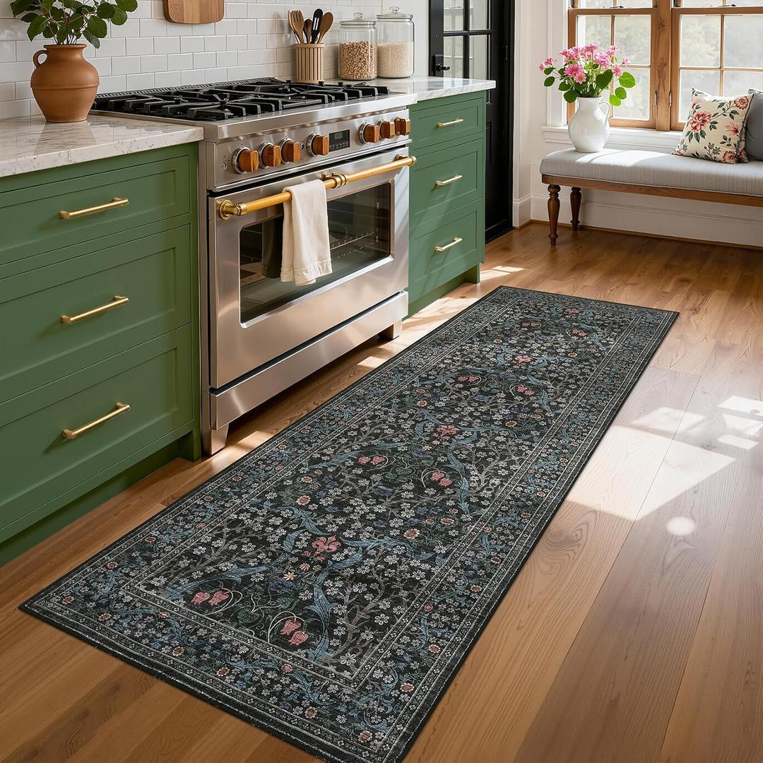 GarveeHome Washable Kitchen Runner Rug, Floral 2x6 Rug for Hallway Non Slip Stain Resistant, Ultra-Thin Boho Soft Hallway Rug Botanical Carpet for Entryway, Laundry Room, Bathroom Dark Black