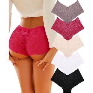 ALL OF SHE Sexy Underwear Panties for Women Cheeky V Waist Lace Boyshorts Lingerie Plus Size Underwear Gift Wife Women 5 Pack (XX-Large, 5 Pack-black*1 Wine Red*1 White*1 Silk Nude*1 Khaki*1)