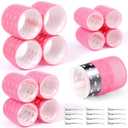 Thermal Jumbo Rollers Hair Curlers Set with Clips - 24 Large Self-Grip Rollers for Volume and Curls on Long, Medium, Short Hair (63mm, 48mm, 36mm) (Pink)