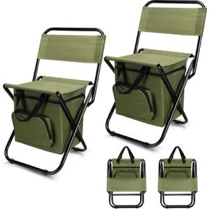 Jerify 2 Pcs Fishing Chair with Cooler Bag Multi-Function Foldable Compact Fishing Stool Hunting Chair Portable Backrest Stool with Folding Backpack for Finishing Camping Hunting Travel (Green)