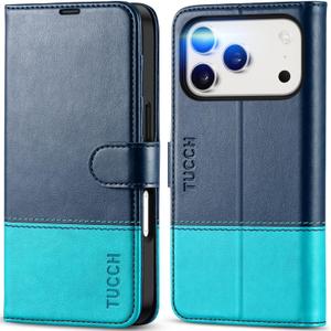TUCCH Case Wallet for iPhone 17 Pro (6.3") 2025, Stand, RFID Blocking, 4 Card Holder, TPU Shockproof Inner Shell, PU Leather, Magnetic Closure Folio Protective Cover, Blue & Lake Blue