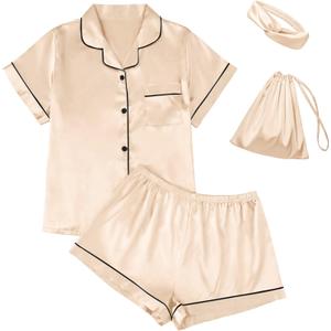 LILLUSORY 4Pcs Women Silk Pajama Set Summer 2025 Satin Pjs 2 Piece Suit Lounge Scrunchies Lady Sleepwear Matching Clothing (Small, Gold)