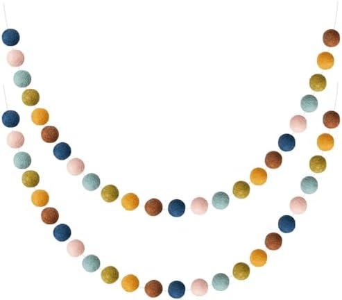 WILLBOND 2 Pieces Wool Felt Rainbow Ball Garland Colorful Pom Pom Garland for Easter Mardi Gras Classroom Halloween Thanksgiving Xmas (Multicolor)