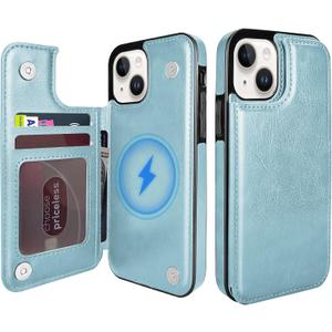 Wallet Case for iPhone 12 and 12 Pro 6.1", Compatible with MagSafe, Wireless Charging, Leather Card Holder Kickstand Protective Cover Magnetic Phone Flip Case-Sky Blue