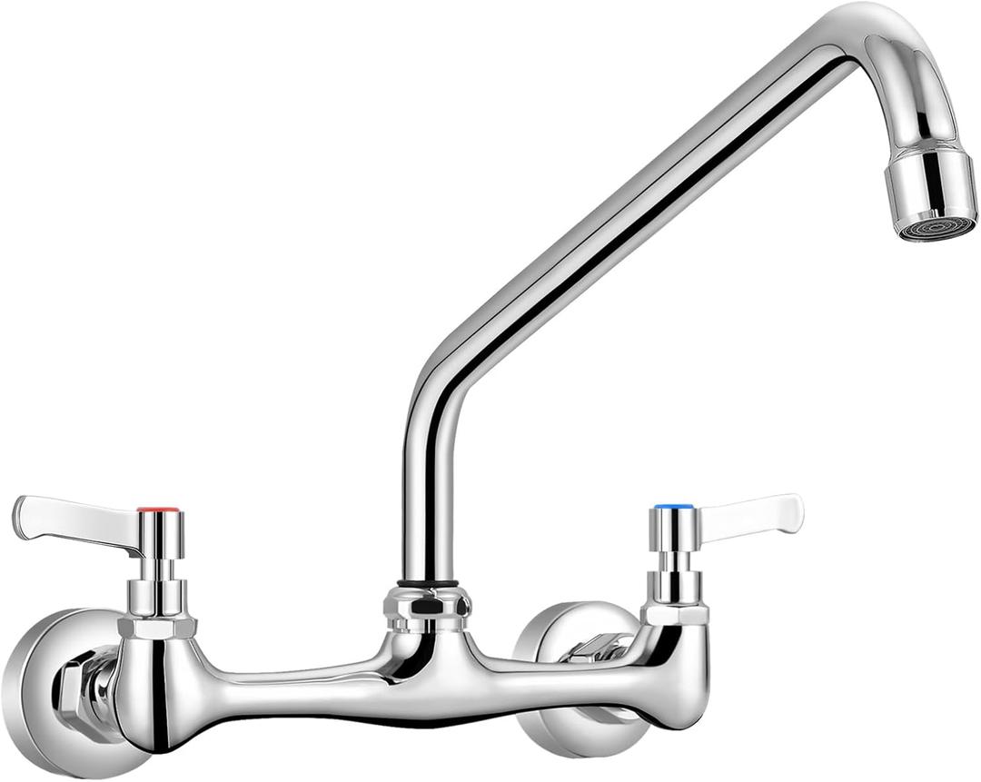 FGKQ Wall Mounted Kitchen Faucets, Kitchen Faucet with 12 Inch Goose Neck, Commercial Kitchen Sink Faucets with 360 Degree Spout, Adjustable Install Distance, Chrome