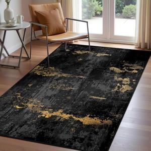 Washable Area Rugs 3'x5' Non-Slip Modern Abstract Soft for Living Room Entryway Bedroom Nursery, Print Pattern, Dark Black Gold