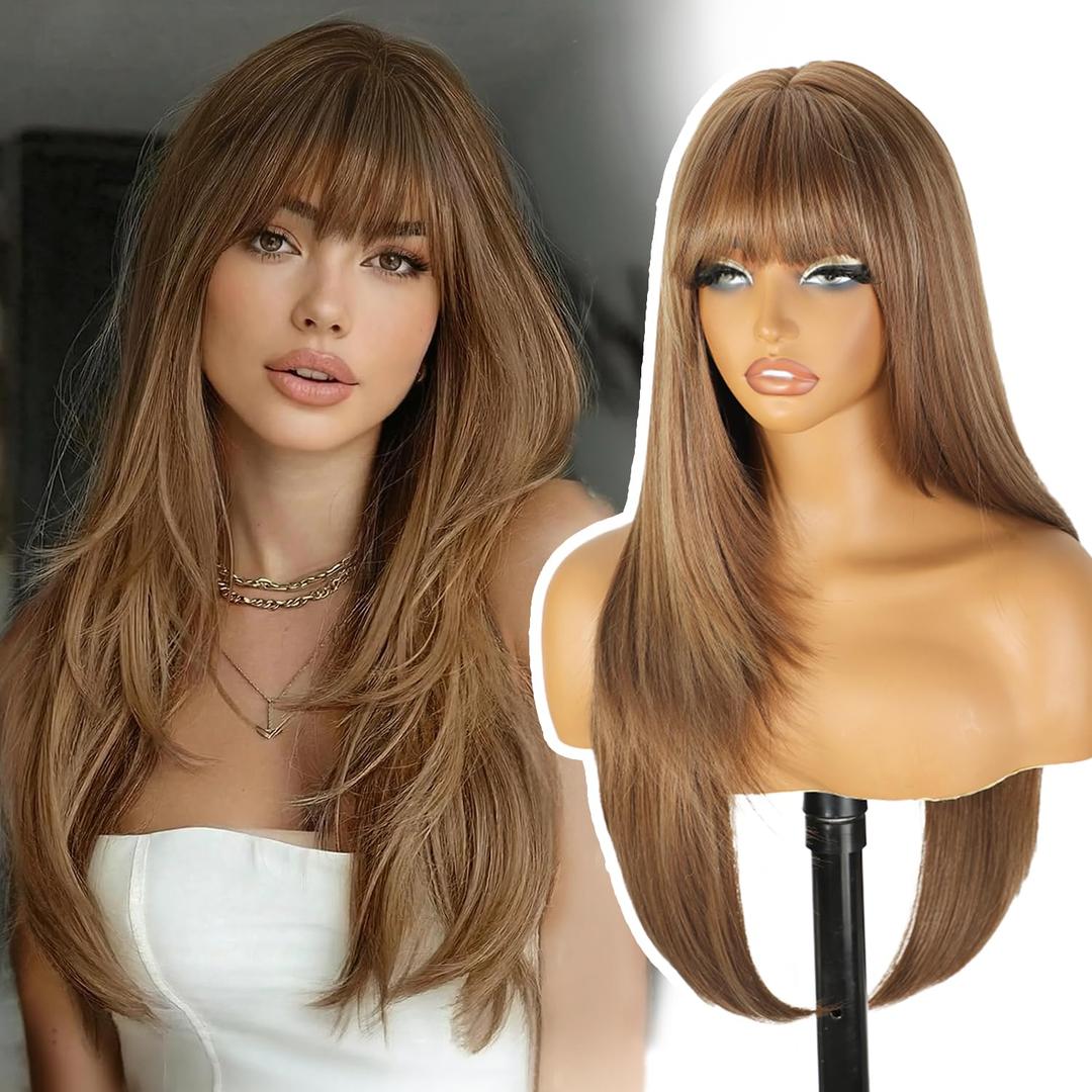 ENTRANCED STYLES Brown Mix Blonde Wig with Bangs for Women Long Brown Highlight Straight Layered Wig Synthetic Hair for Daily Party Use 26 Inch