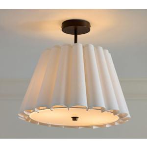 16" Flared Linen White Semi Flush Mount Ceiling Light, Pleated Ceiling Light Fixture with Neutral Fabric Shade and Black Brass Base for Kids' Room, Bedroom, Hallways, Nursery and Living Room