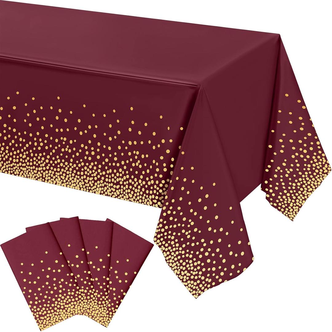 Tegeme 4 Packs Maroon and Gold Plastic Table Cloths for Parties Disposable Maroon Ramadan Mubarak Tablecloths Decoration with Gold Stamping Dot 108 x 54'' for Birthday Graduation Ramadan Party