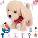 Toy Dog That Walk and Bark, Pet Care Playset - Remote Control Leash Interactive Electronic Plush Puppy, Tail-Wagging Stuffed Dog, Birthday Gift for Kids Girls Boys Aged 3-6 Year (Golden)