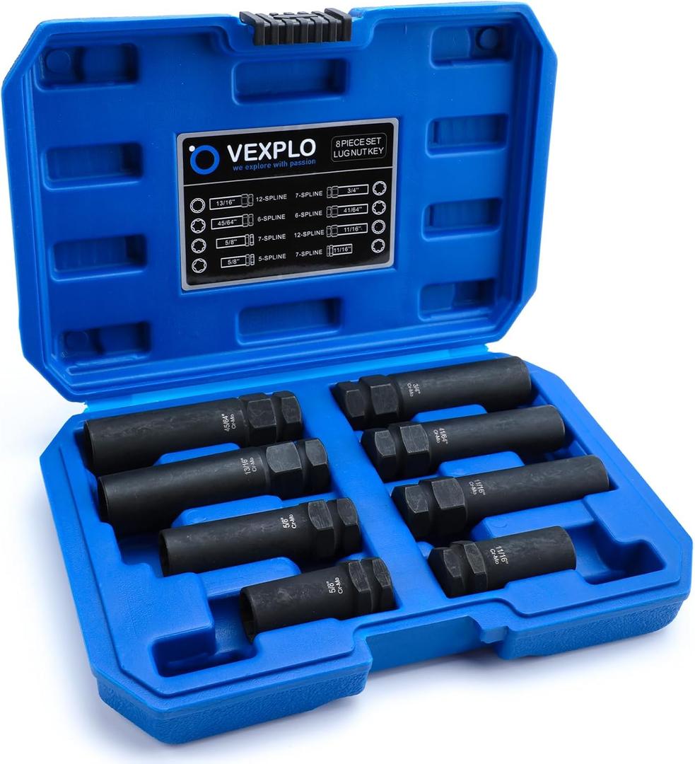 Spline Lug Nut Socket Set, 8 Piece SAE & Metric Locking Lug Nut Removal Tool, Wheel Lock Removal Kit for Easy Removing of Aftermarket & Factory Wheel Lug Nuts (Carbon)