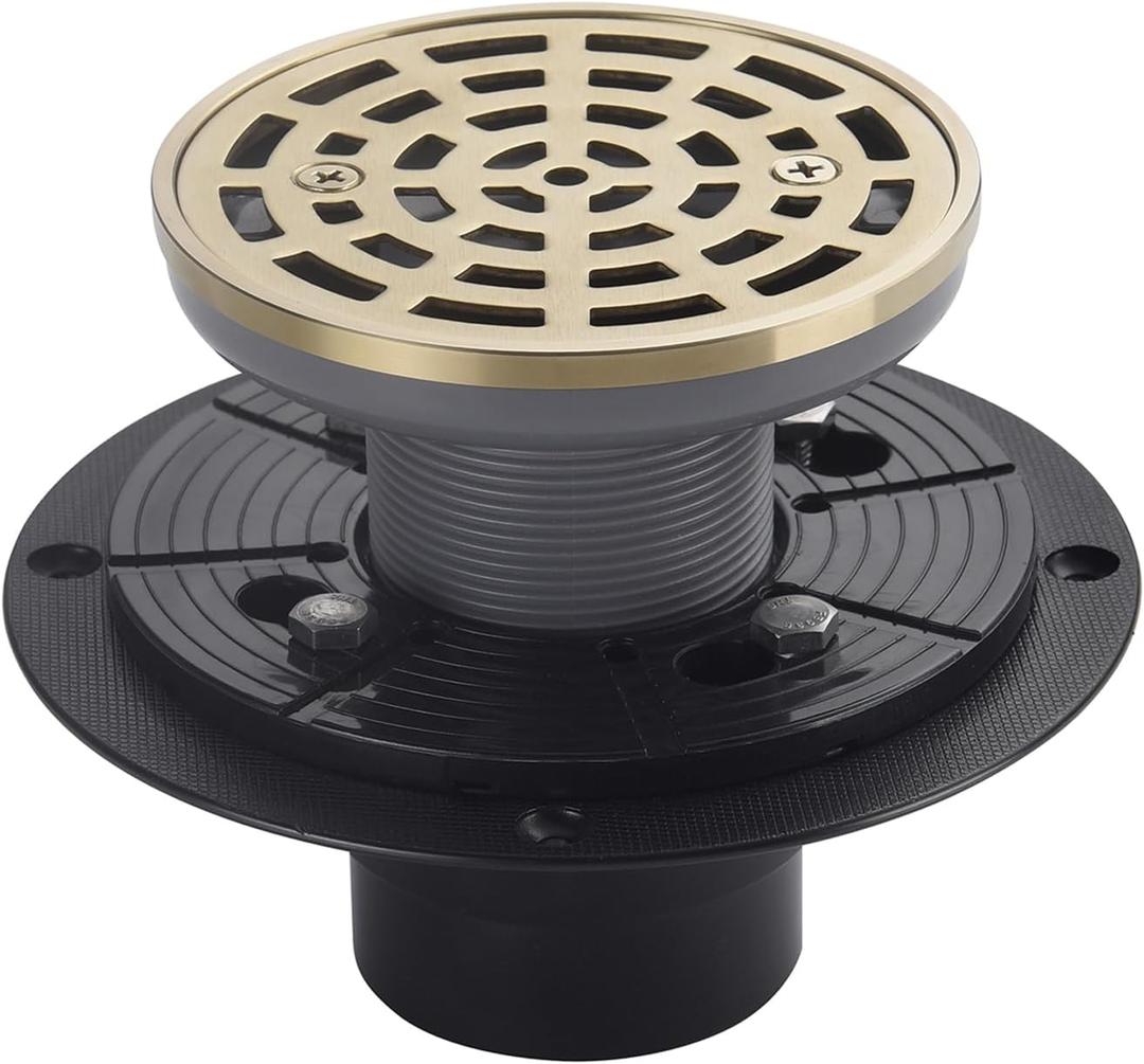 4 1/4 Inch Shower Drain Round Brushed Gold Color, Removable Grille Strainer Screws in Drain Cover, Base with Adjustable Drain Flange Kit PVC, SUS304 Stainless Steel Brass Face
