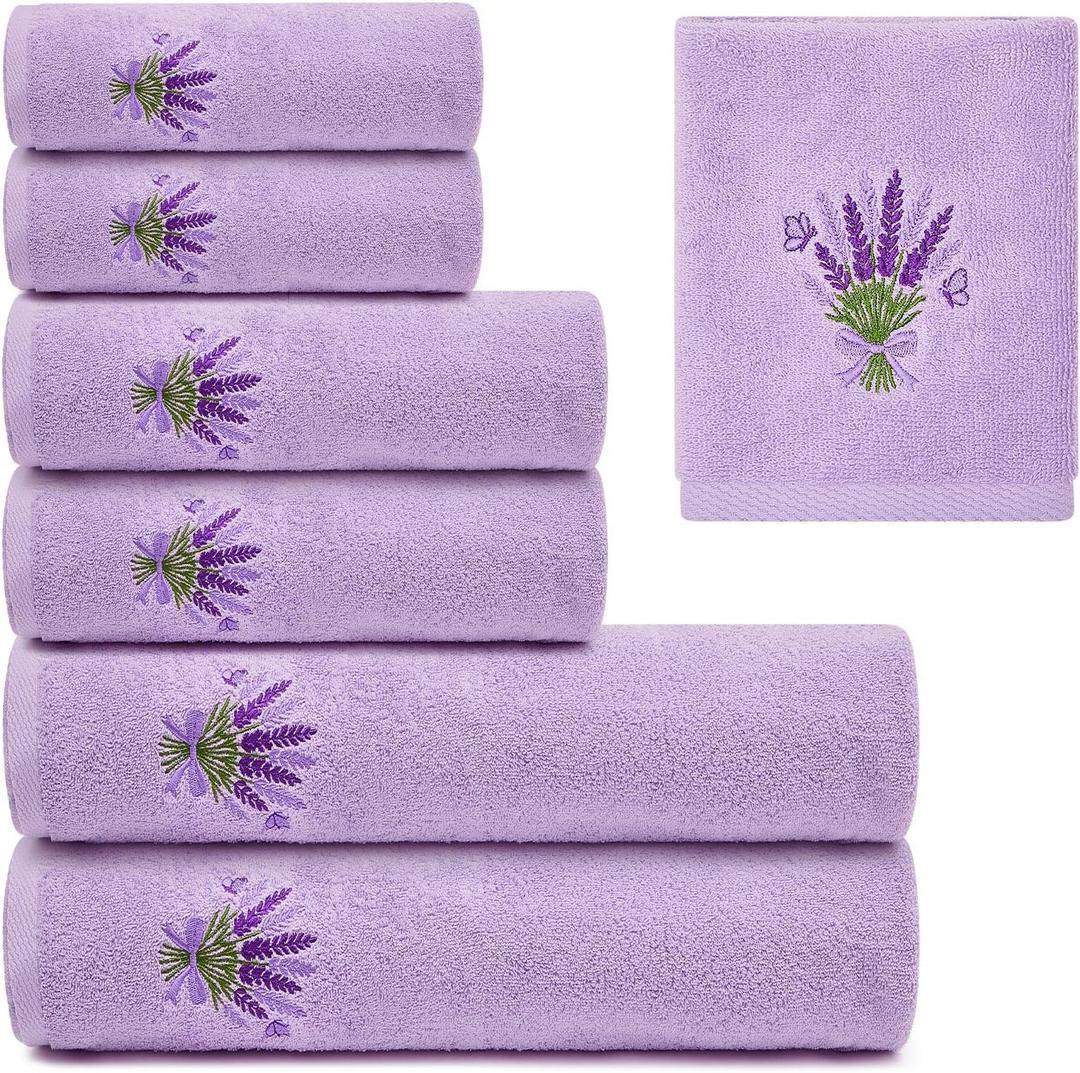 Peryiter 6 Pack Cotton Purple Lavender Bath Towels Set Christmas Towels for Bathroom, Soft and Absorbent, Contains 2 Bath Cloth, 2 Hand Cloth and 2 Washcloths
