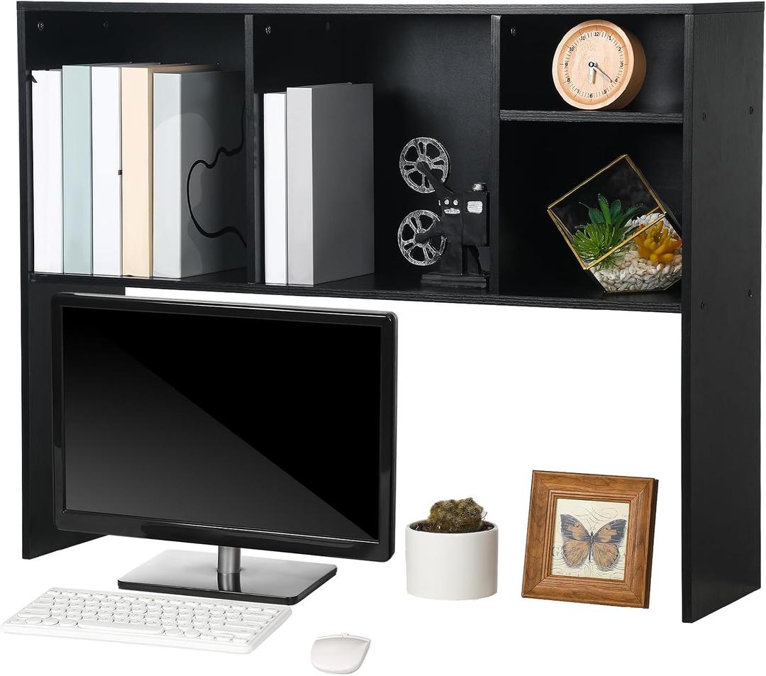 Briwooody Dorm Desk Hutch Desktop Bookshelf with 5 Shelves 3-Tier Wood Countertop Desk Shelf Top Only Organizer for College Dorm Office Home, 37 x 9.5 x 28.7 Inch(Black)