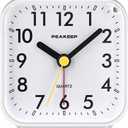 Peakeep Small Battery Operated Analog Travel Alarm Clock Silent No Ticking, Lighted on Demand and Snooze, Beep Sounds, Gentle Wake, Ascending Alarm, Easy Set (White)