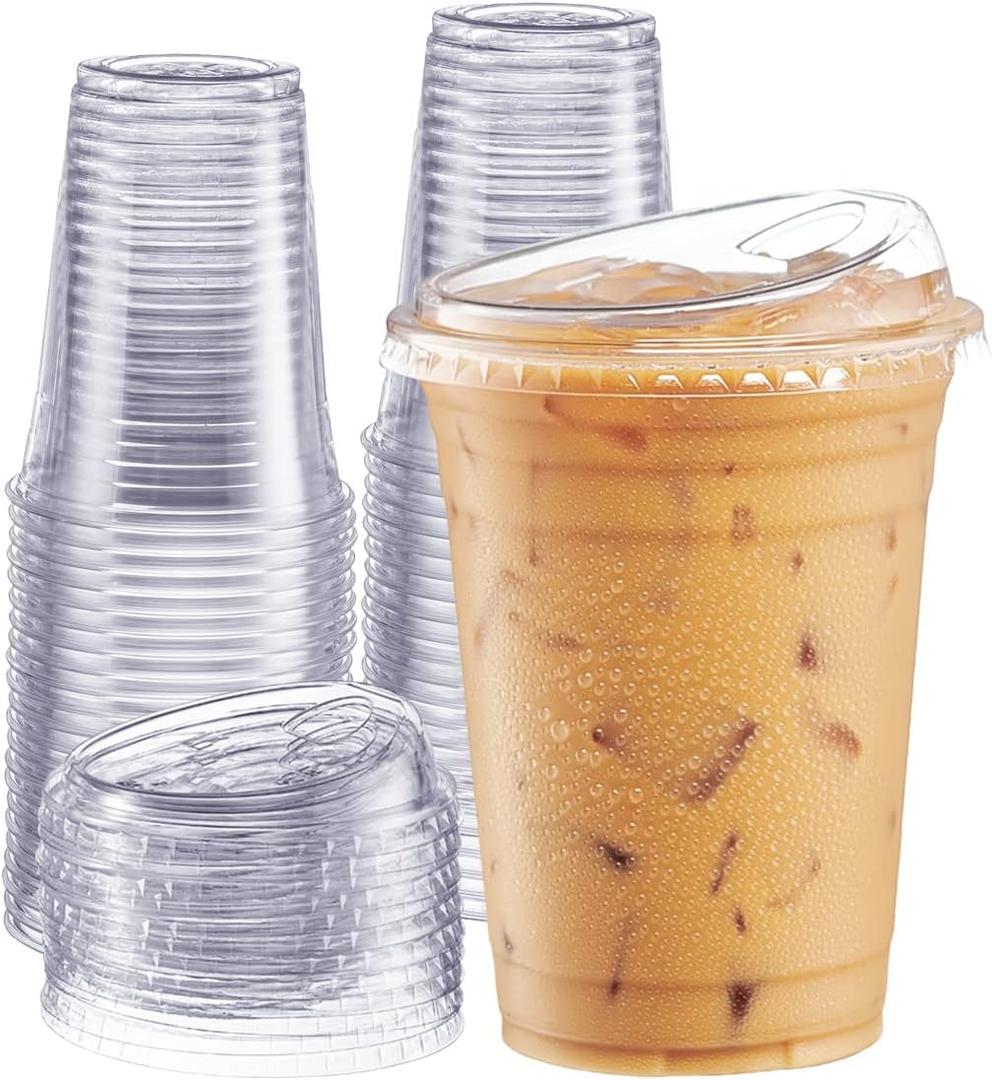 GUSTO Clear Plastic Cups with Lids [16 oz - 100 Count] - Disposable Iced Coffee Drink Cups with Strawless Sip Lids for Smoothies, Juices, and More - (Formerly Comfy Package)