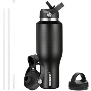 HYDROWION 40 oz Insulated Water Bottle with Straw fit in Car Cup Holder(Cold 48 hrs, Hot 24 hrs) Drinking Bottle with Straw Lid, Spout Lid and Flex Cap Leakproof Travel Thermo MugBlack