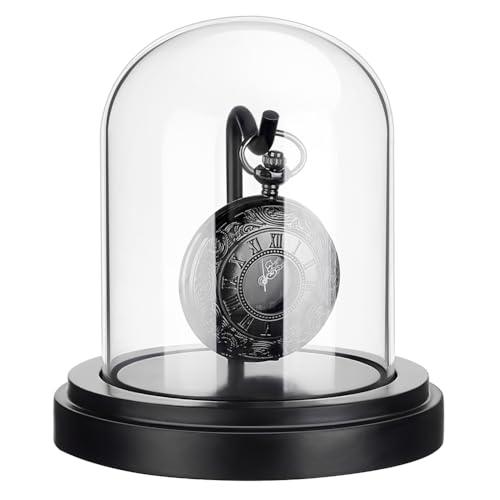 PH PandaHall 3x4 inch Pocket Watch Display Case Watch Glass Display Dome Cloche, Black Dome Cloche Wooden Base with Metal Hook for Pocket Watch Medals Collectibles Photos Ornaments