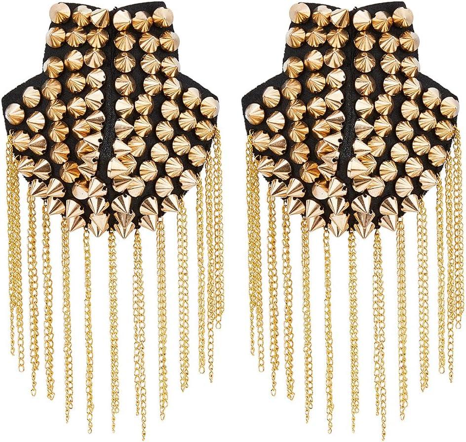 SUPERFINDINGS 2Pcs Golden Rivet Tassel Epaulets Detachable Punk Style Chain Tassel Epaulettes Fringe Shoulders Boards Badge with Iron Pin Metal Cloth Findings for Uniform Accessories 203x85mm