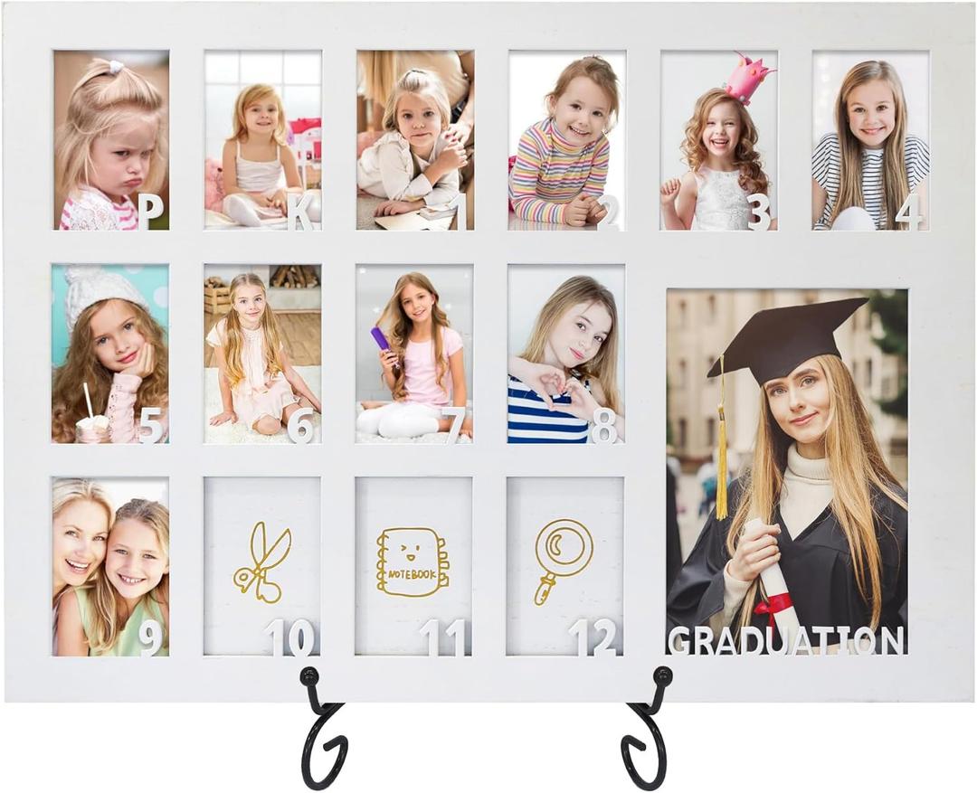 FramePro School Years Picture Frame Pre K to 12 White Graduation Gift Collage Frame with Stand Easel, Displays One 4x6 and Twelve 2x3 Wallet Photos