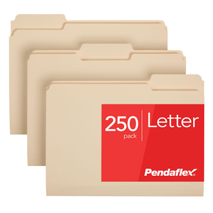 Pendaflex File Folders, 250-Pack, Letter Size, Manila, 1/3-Cut Tabs, Premium Paper Folders for File Cabinets, Home, Office & Classroom Document Organization, 3-Tab Letter File Folders