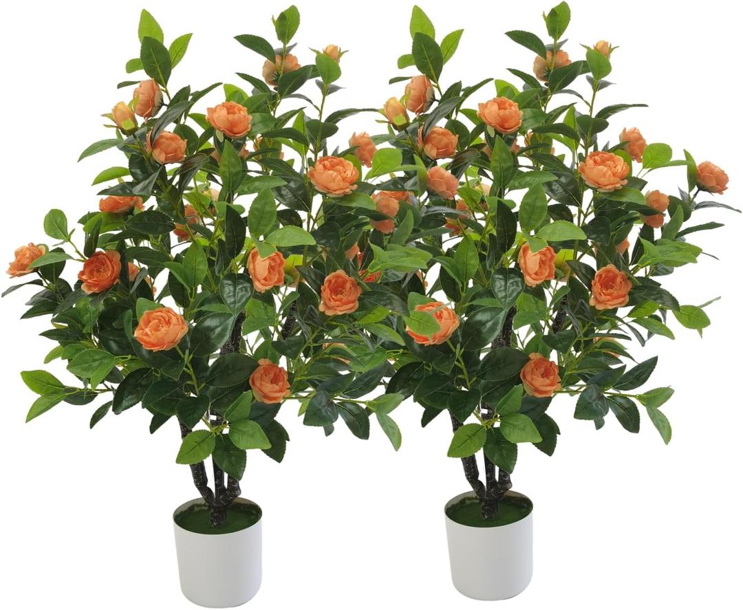 Artificial Camellia Tree 35in Faux Floral Plant with Orange Flowers and Green Leaves - No Maintenance Indoor Outdoor Office Home Porch Decor Housewarming Gift(2-PackOrange)