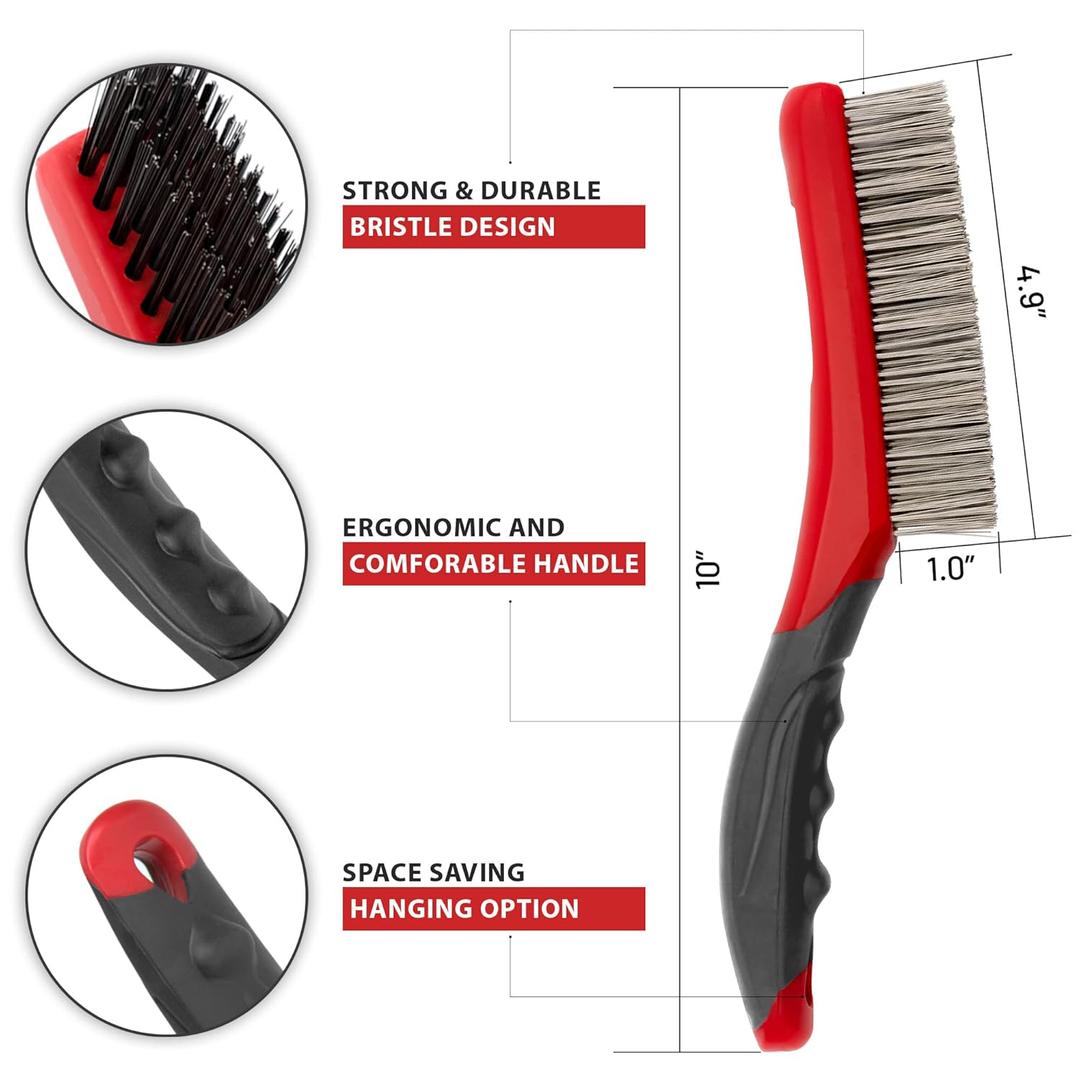 Wire Brush Set-Heavy Duty Stainless & Carbon Steel Bristles with Plastic Handle Grip for Rust, Wielding Slag, Dirt & Paint Scrubbing with Deep Cleaning – 12 Inches, Large
