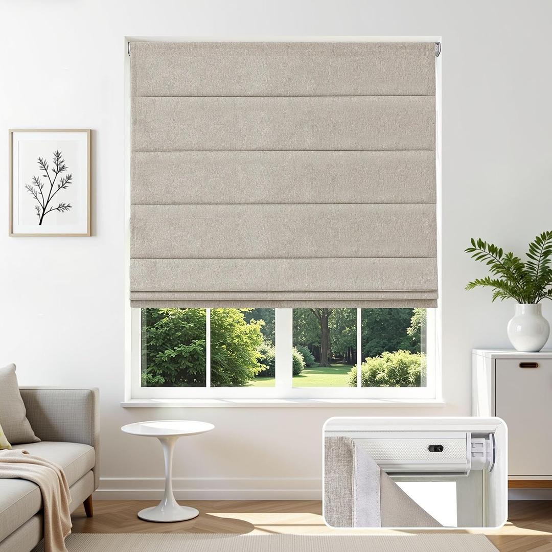 Joydeco Blackout Cordless Roman Shades No Drill, 58" W × 72" H, Linen