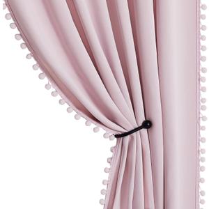 StangH Blackout Pink Curtains for Bedroom 84 inches Long, Thermal Insulated Pompom Curtains for Baby Girls/Nursery Room, Energy Efficient Panels for Living Room, W52 x L84, 2 Panels