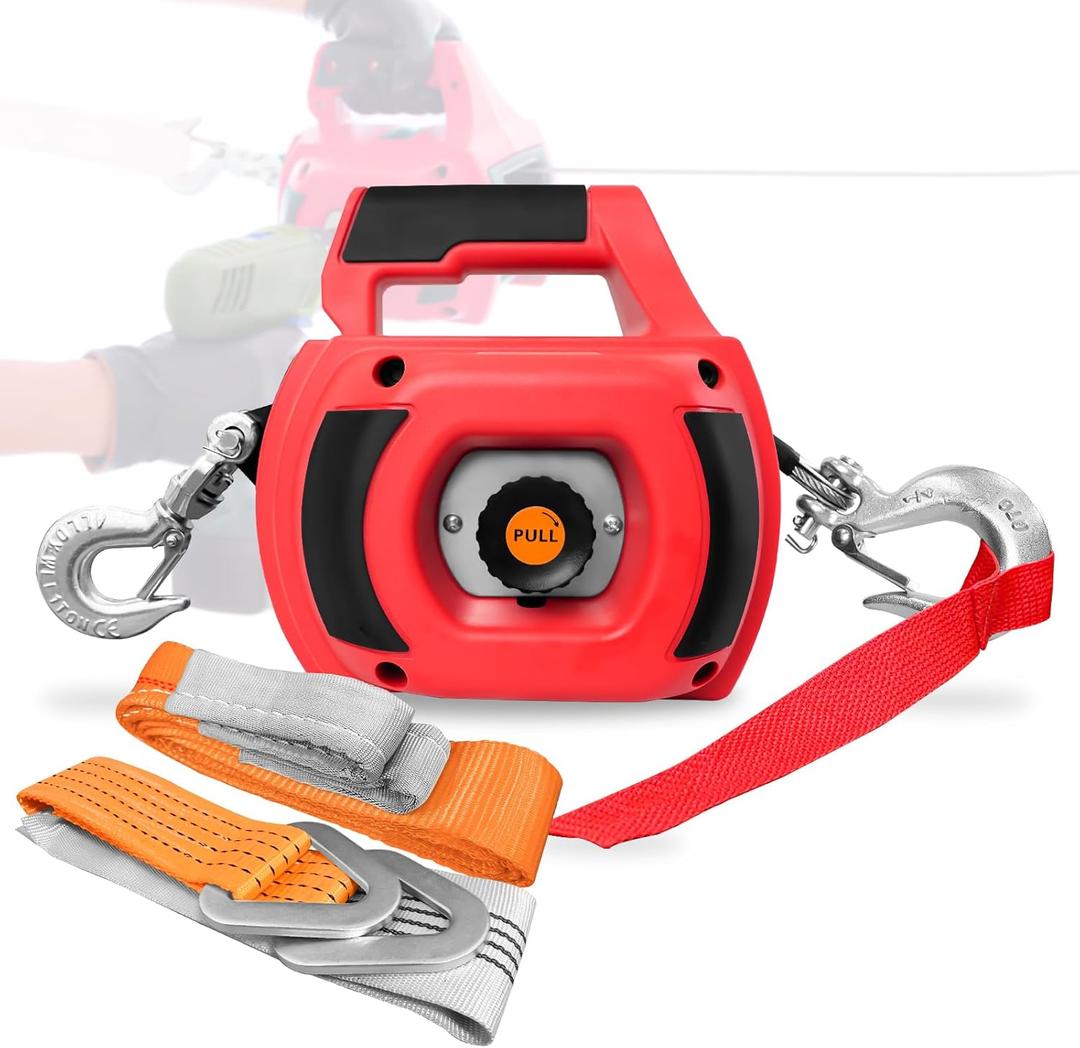 Portable Drill Winch 1000 LB Pulling Capacity with 40 Feet Alloy Steel Wire Rope | Hand Winch with Sling Strap & D Rings Tie Down Strap for Dragging