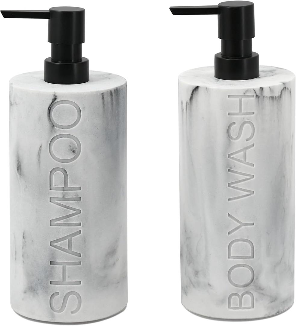 Marble Resin 2 Piece Shampoo and Body Wash Dispenser Set, Luxurious Refillable Pump Bottles with Matte Pump Top and Embossed Text, Durable Design for Bathroom and Shower