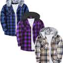 ZITY 3 Pack Men's Flannel Hoodie Shirts Long Sleeve Casual Vintage Button Down Plaid Shirt Jacket with Pocket (X-Large, Deepbluebeige Blackpurple Blue)