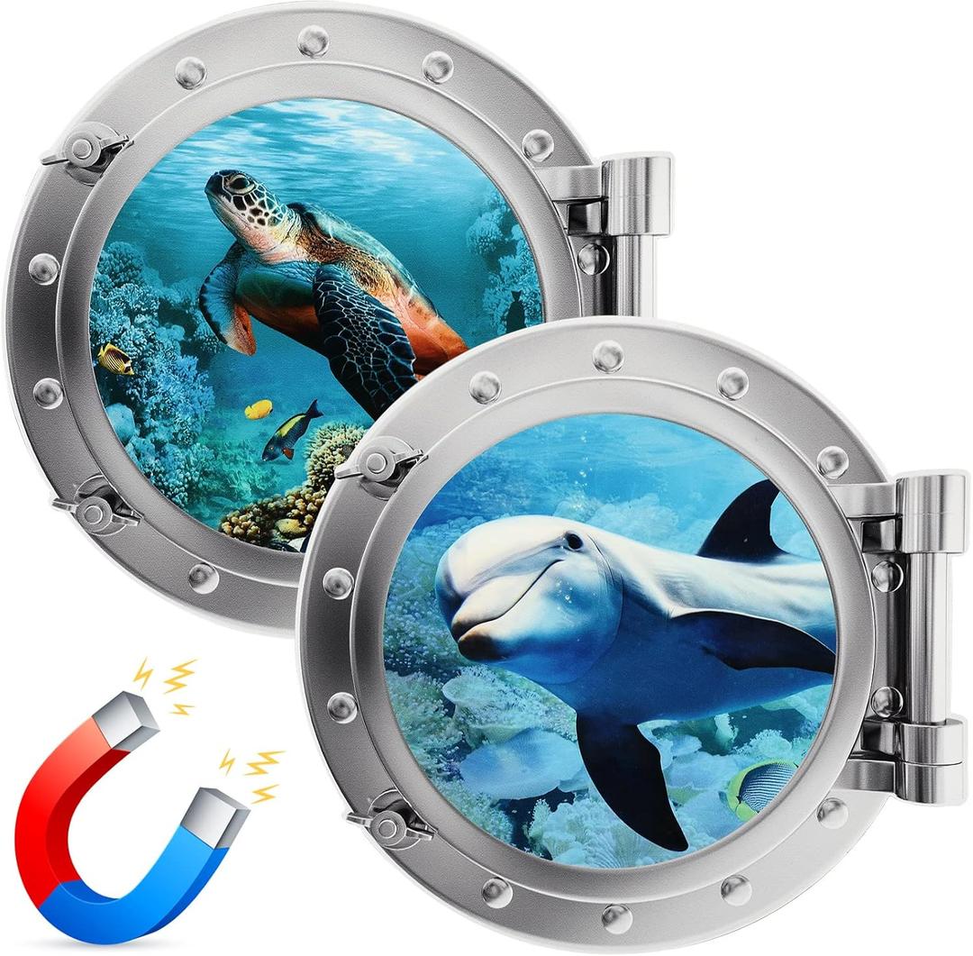 Konohan 2 Pcs Large Cruise Door Decorations Magnetic Porthole Cruise Door Magnets 10 Inch The Sea Nature Scenery Decor for Fridge Carnival Car Party Refrigerator Locker(Marine Style)