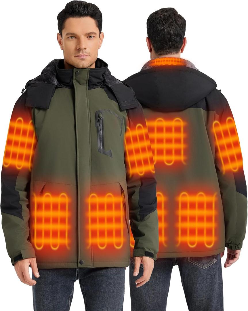Heated Jackets for Men with 18400mAh 12V Battery Pack Included, Mens Heated Jacket with Fur Lining (XX-Large, Army Green)