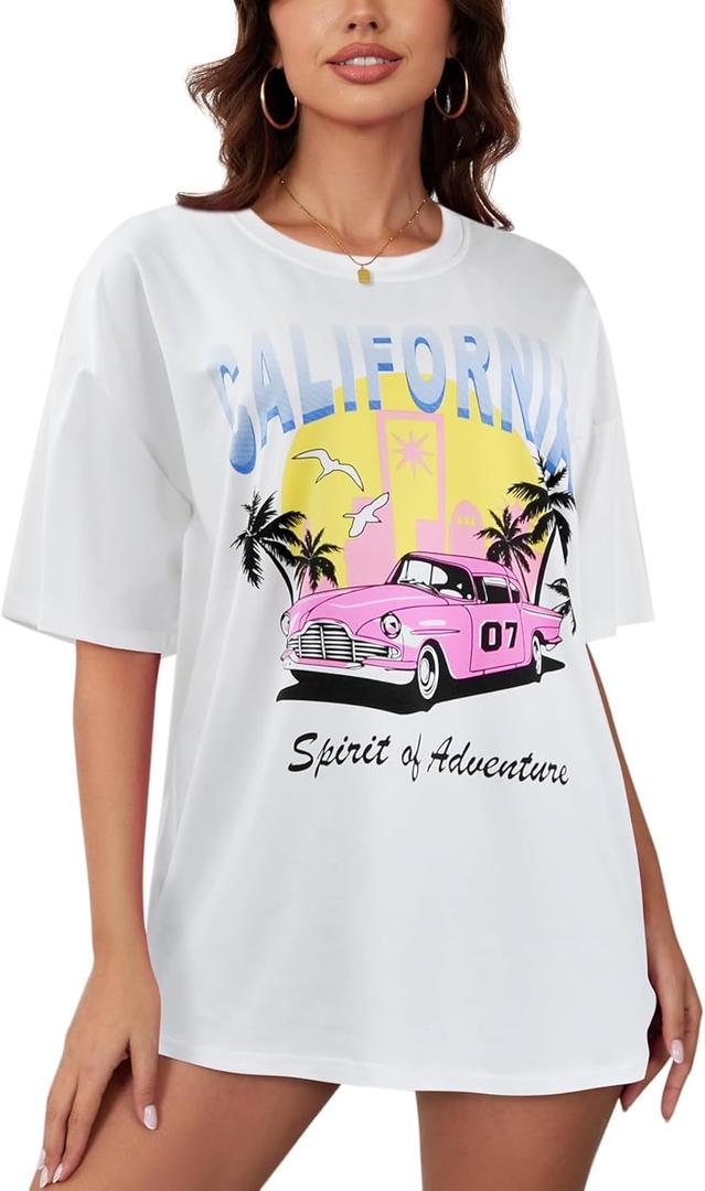 YIJIU Women's Graphic Oversized T Shirts Letter Print Short Sleeve Loose Casual Summer Tops (White, L)