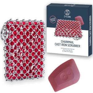 Zylark 316L Cast Iron Scrubber + Scraper Tool - Pan Cleaner Scrubber with Silicone Insert - Cast Iron Cleaning Kit - Chainmail Scrubber for Cookware