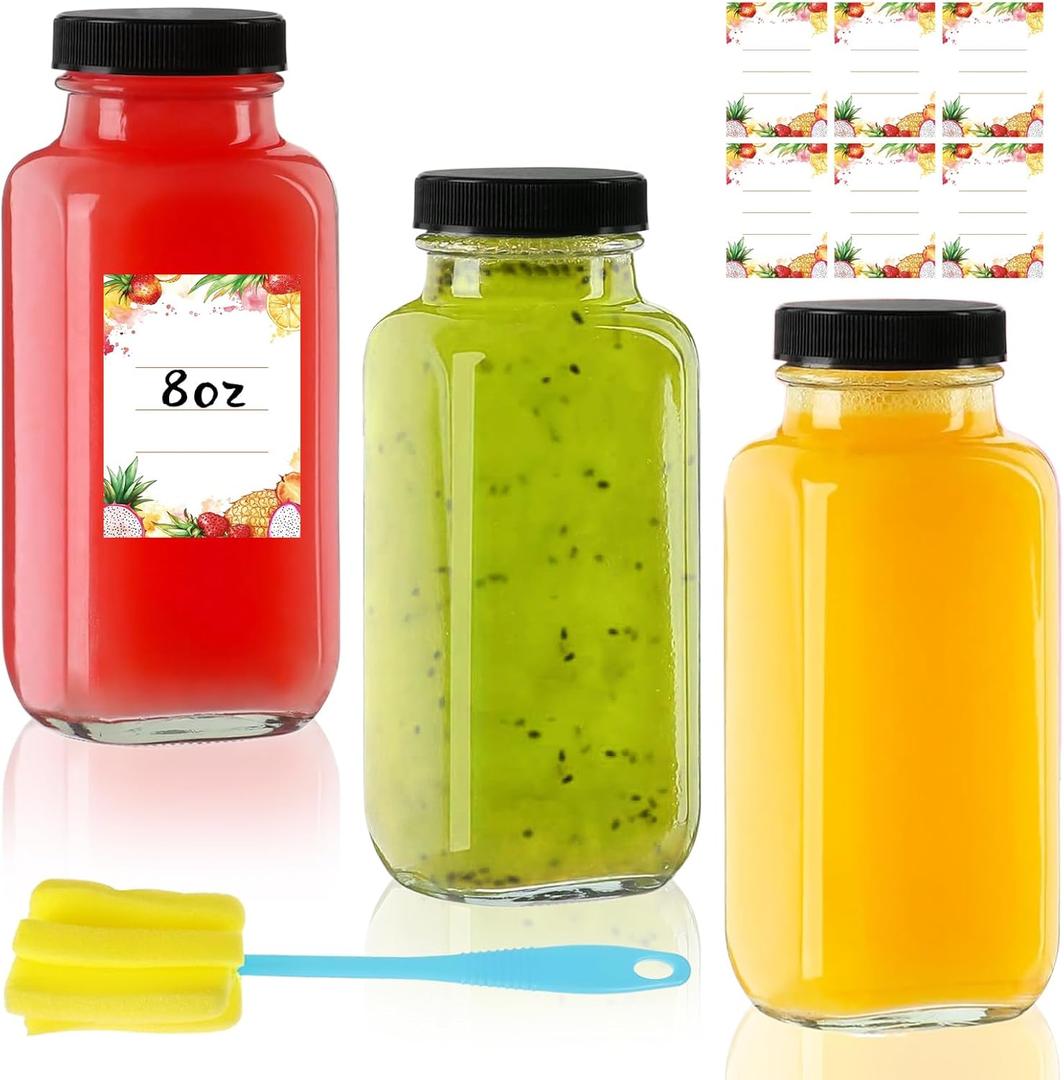 Yokodaza 8 oz Glass Juice Bottles with Lids 3-Pack - Reusable Small Juice Drinking Jars for Green Juices, Shots & Smoothies