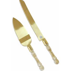 Wedding Cake Knife and Server Set, Cake Cutter and Pie Spatula, Cake Server and Knife Set of 2 with Plastic Handles, Titanium Gold Plated Blades, Cutting Set for Birthdays, and Parties (Glitter Gold)