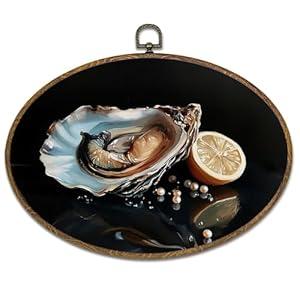 kdqua Vintage Coastal Beach Oyster Oval Wall Art Decor, Dark Moody Ocean Oyster Lemon Canvas Artwork Framed, Beachy Wall Hanging Decorations for Kitchen Home Bedroom Living Room, 11.4x8.6 Inch
