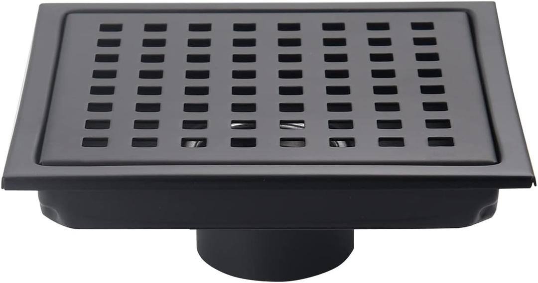 6 Inch Square Shower Floor Drain Black Matte, Grille with Removable Cover, SUS304 Stainless Steel
