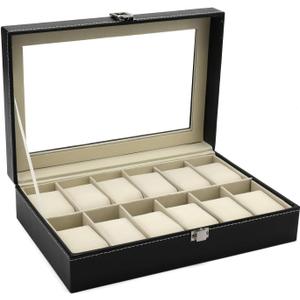 Hedume 12 Slot Leather Watch Box Display Case Organizer with Framed Glass Lid Elegant Contrast and Removable Pillow for Men and Women Watch and Jewelry Large Holder Boxes