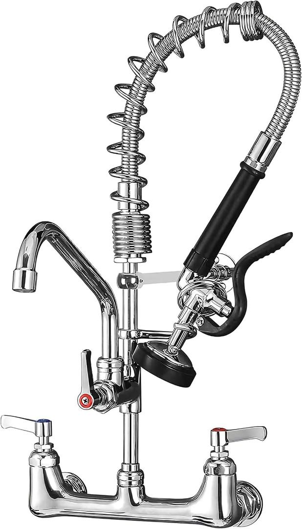 Commercial Faucet with Sprayer 21" Height 8" Center Wall Mount Kitchen Sink Faucet Brass Constructed Polished Chrome Pre-Rinse Device with Spring and 8" Add-on Spout