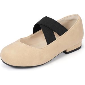 PANDANINJIA Girls Dress Shoes Ballet Flats Mary Jane Elastic Cross Strap Little Big Kid Low Heels Flower Girl Shoes (10 Toddler, Nude Nubuck)