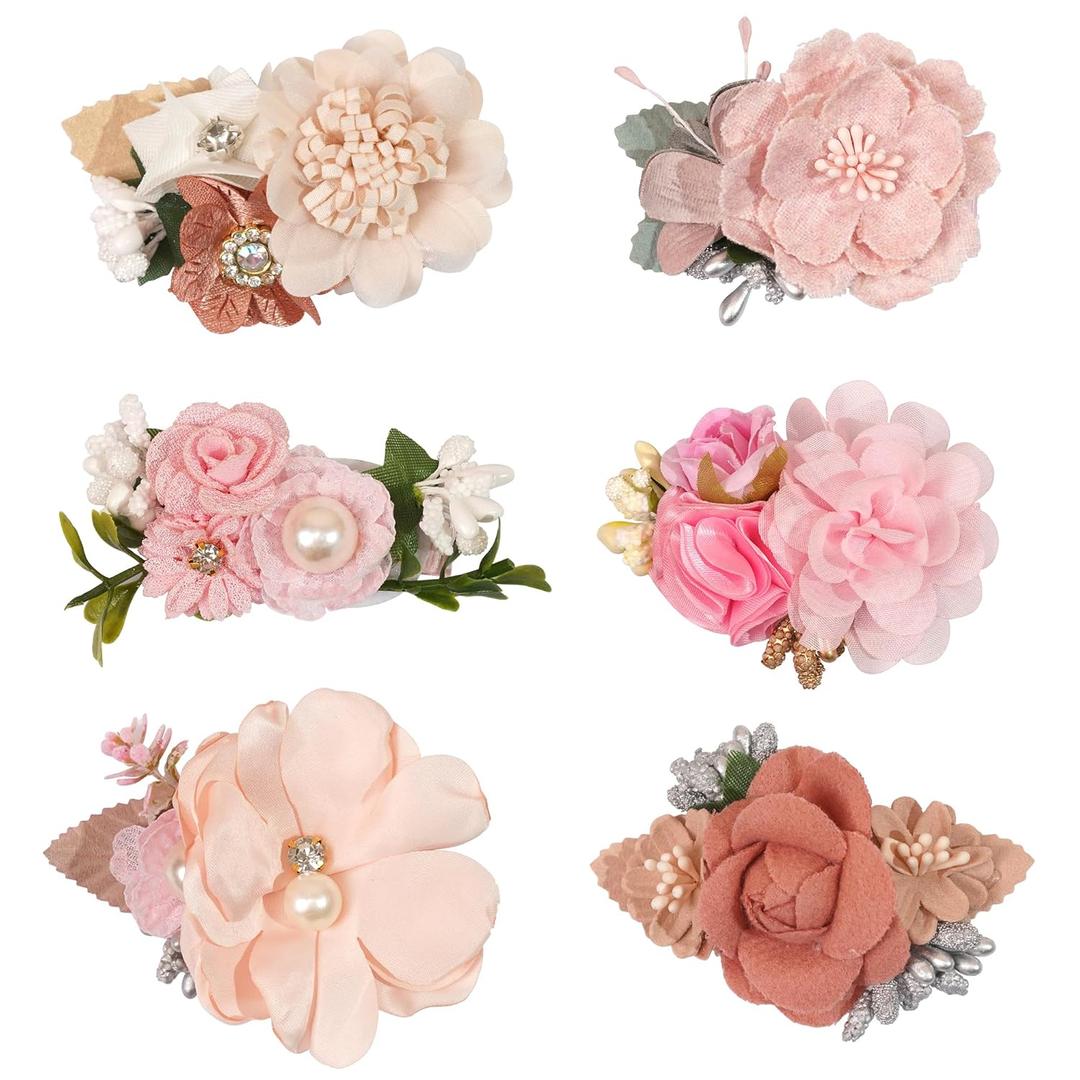 6 PCS Handmade Flower Hair Bows Fully Lined Alligator Hair Clips Faux Pearls Floral Hair Clips Barrettes Hair Accessories for Women Girls Toddlers Kids Children(Style 2)