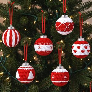 6 Pcs Red Crochet Christmas Balls Ornaments 2.76" Stable Rustic Sweater Ball for Christmas Tree Knitted Xmas Farmhouse Hanging Decorations Party Gifts