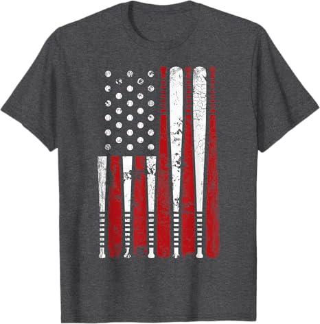 Vintage Baseball Bat American USA Flag Graphic Men t-Shirt Grey, Small