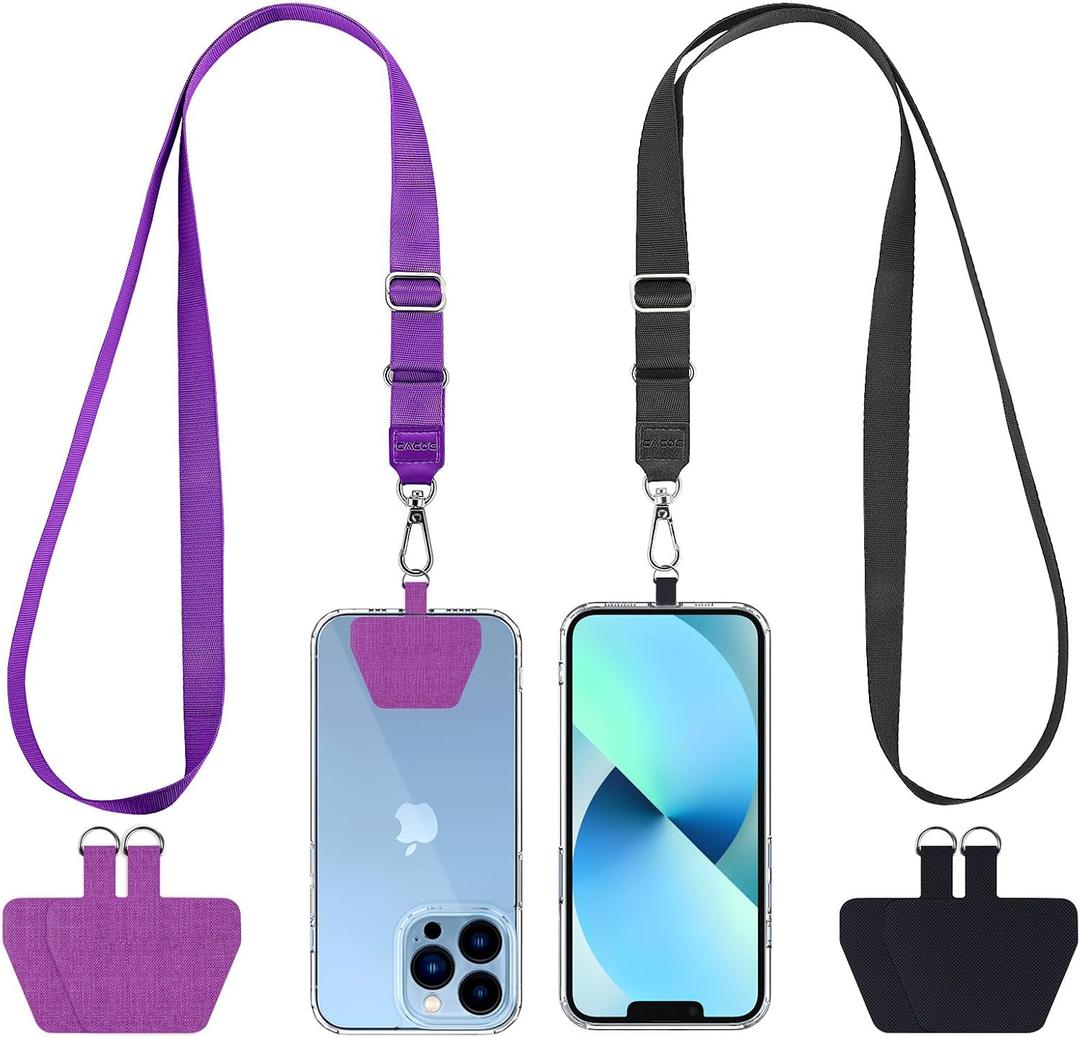 CACOE Phone Lanyard 2 Pcs Adjustable Neck Strap,4 Pcs Patches,Universal Crossbody Multifuctional Polyester Lanyards Compatible with Most Smartphones(Black+Purple)